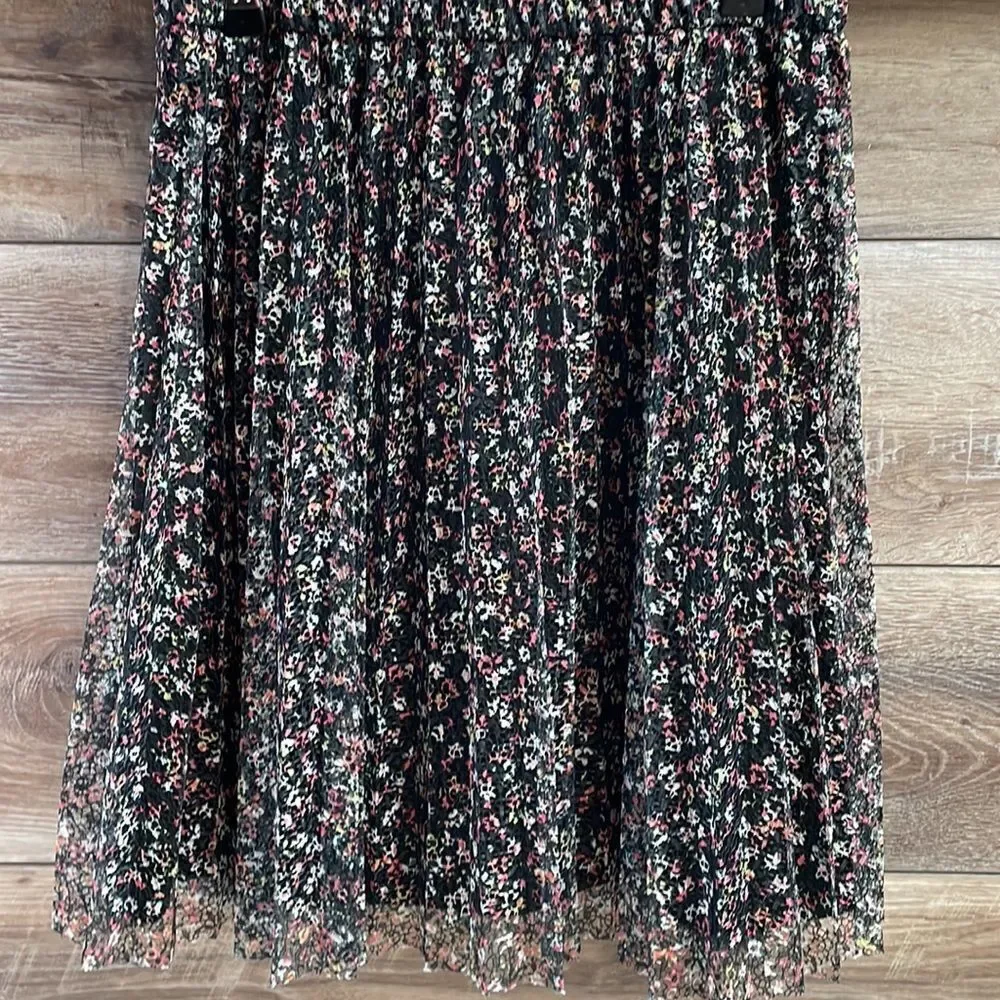 ELLE Womens Skirt Pleated A Lined Lace  Cottagecore FairyGoth Floral Black Sz XS